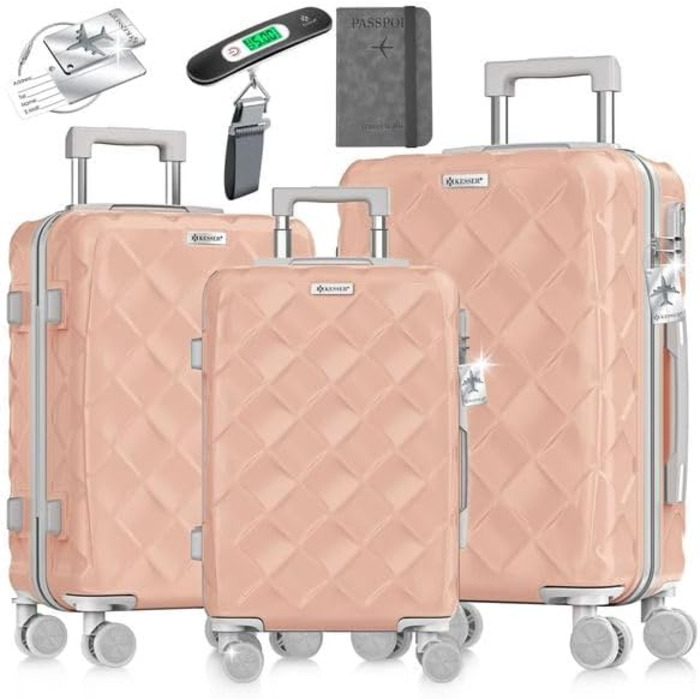 Набір валіз KESSER® 3 шт. | Валізи з ABS-пластику з кодовим замком, ваговою системою та органайзером для документів, 360° обертання | Ручна поклажа та великі валізи для подорожей та бізнесу (Нюдовий сірий)