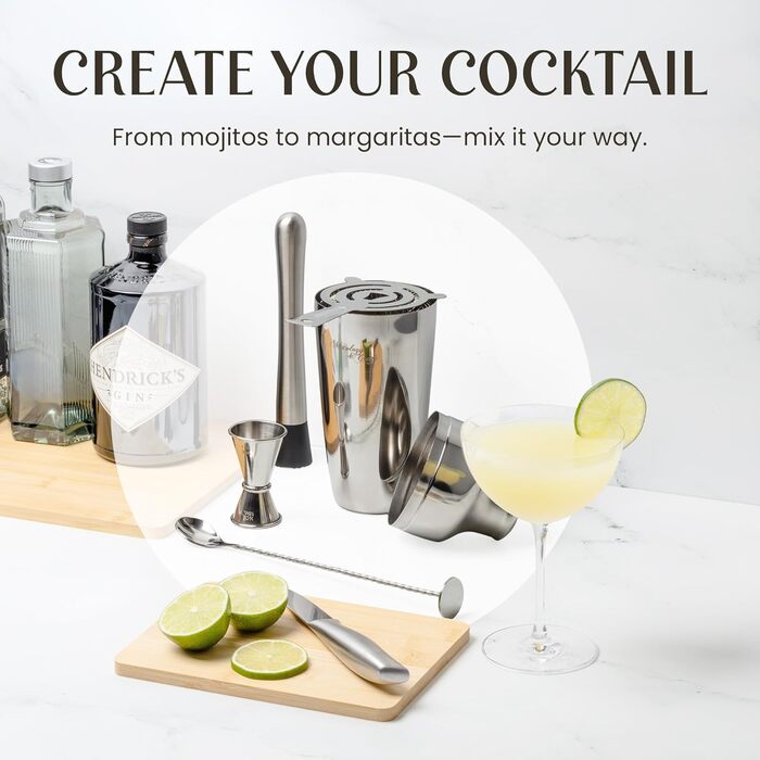 Набір для приготування коктейлів Mixology & Craft Cocktail Set (10 предметів) - Шейкер, барний аксесуар, дерев'яний підставка з бамбука, подарунковий набір, сріблястий