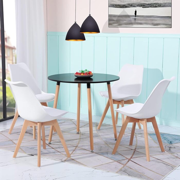 Комплект обіднього столу з 4-ма сірими стільцями | 5-ти частинний обідній набір | Обідня група для вітальні, кухні, їдальні | Сірі стільці (білі стільці, чорний стіл)