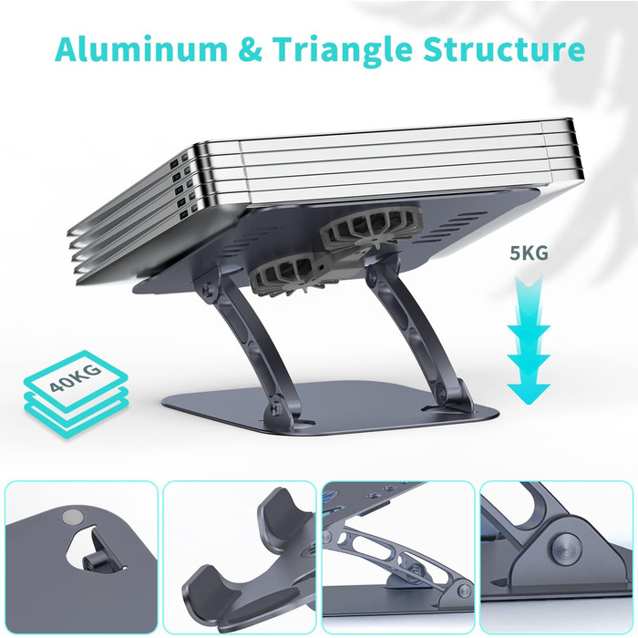 Підставка для ноутбука з RGB вентилятором, регульована висота, алюмінієвий сплав, 10-17'', сіра