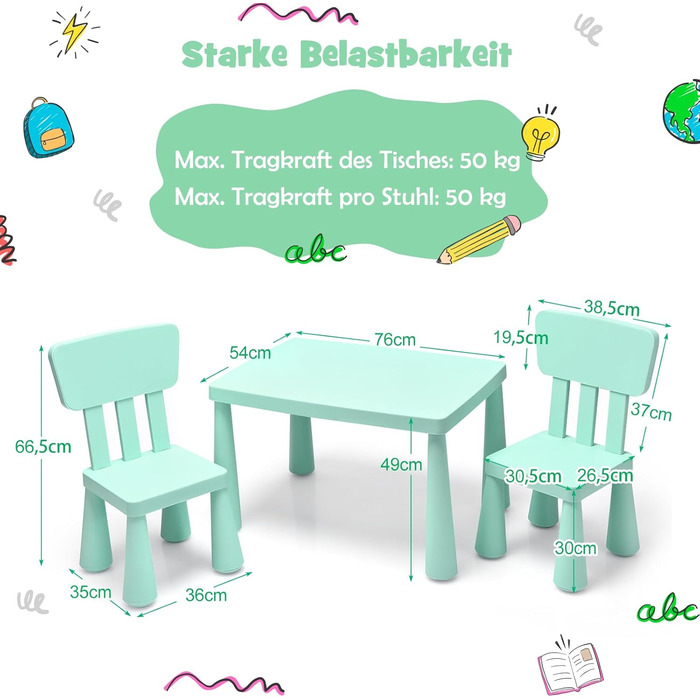 Дитячий столик та 2 стільчики DREAMADE, зелений комплект для навчання, їжі та ігор. Дитячі меблі з пластику для дівчаток та хлопчиків, 3 предмети, заокруглені кути