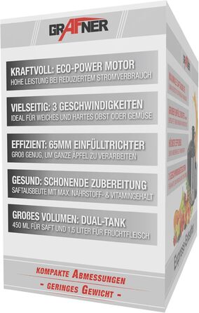 Експрес-соковижималка Grafner, 400 Вт, 3 ступені, жолоб подачі 65 мм, контейнер 450 мл, соковижималка з нержавіючої сталі
