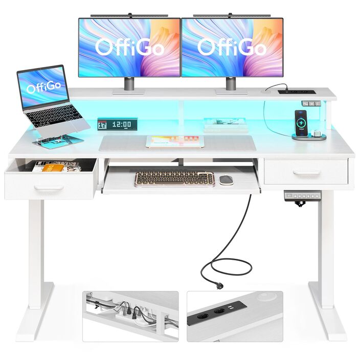 Регульований за висотою стіл OffiGo з 2 висувними ящиками та підставкою для клавіатури, 120 см. Електричний стіл з підставкою для монітора, RGB підсвічування та розетками, білий (120 x 54 см)