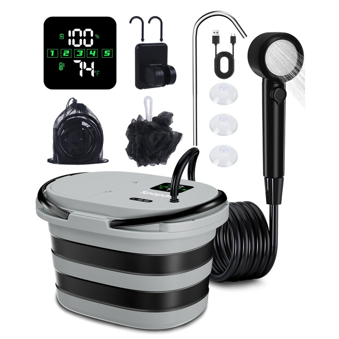 Campingdushe з насосом 20л, портативний душ з акумулятором 13000mAh, LED-індикатор, 5 режимів, для кемпінгу, подорожей, миття тварин