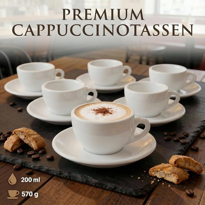 Набір кавових чашок Капучіно, 6 шт. | Білий колір | Італійський стиль | Товстостінні, важкі | Можна мити в посудомийній машині | Подарунковий набір 200 мл