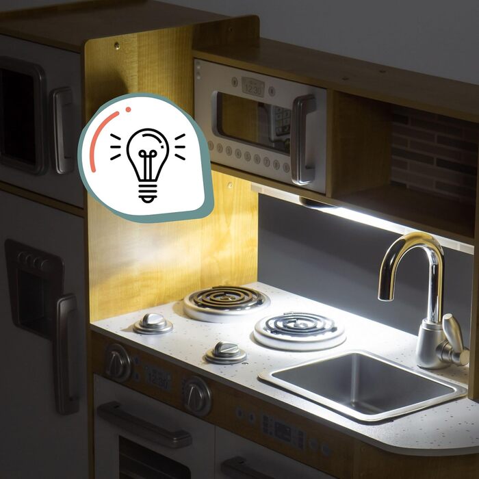 Дерев'яна дитяча кухня Mamabrum з LED-підсвічуванням та аксесуарами - 15 частин. Комплект: плита, духовка, мікрохвильова піч, холодильник, кран та іграшкова кухонна утвар для дітей