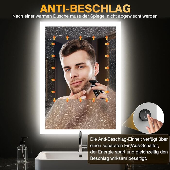 Дзеркало для ванної кімнати з підсвічуванням LED, антизапар, 2 кольори світла (3000K/6500K), вимикач-клавіша, прямокутне, 45 x 60 см