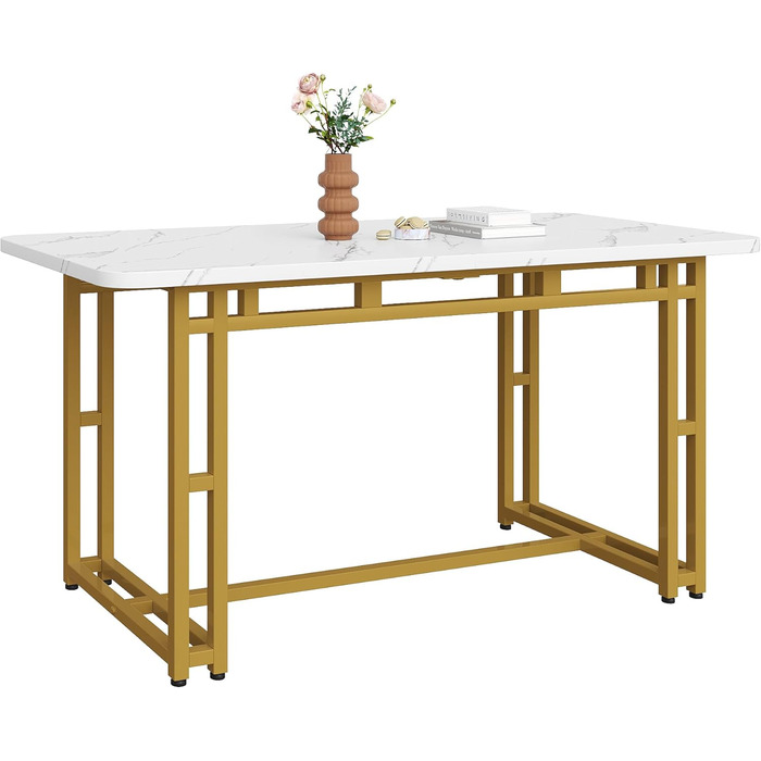 Стіл обідній Merax 140x80 см, прямокутний, з малюнком мармуру, на 4-6 осіб, металевий каркас, регульовані ніжки, для ресторану, вітальні, кухні, білий/чорний