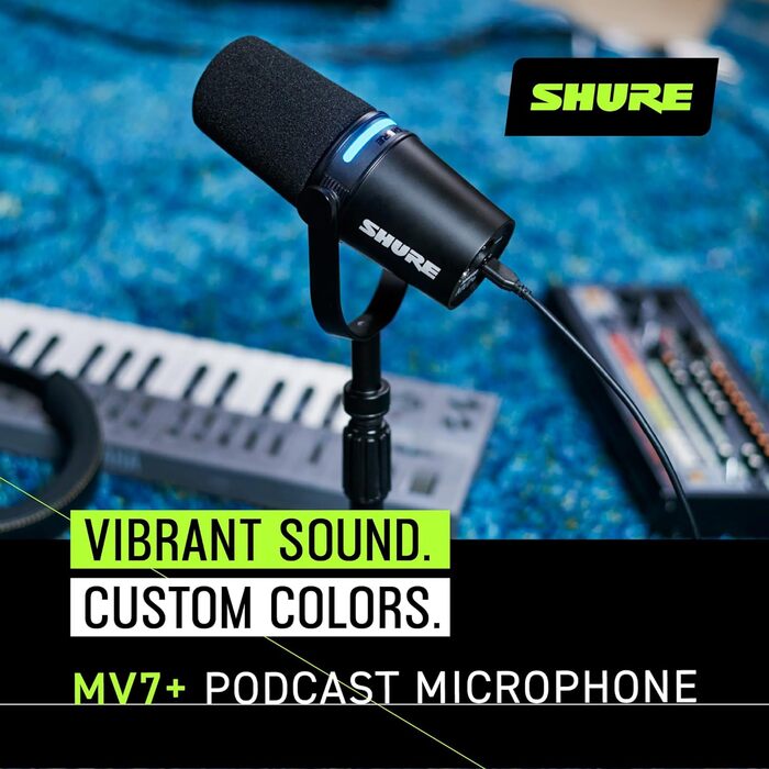 Мікрофон Shure MV7+ для подкастів, студійний, USB-C/XLR, LED-панель, авто-рівень, цифровий поп-фільтр, ефекти, для запису, стрімінгу, чорний