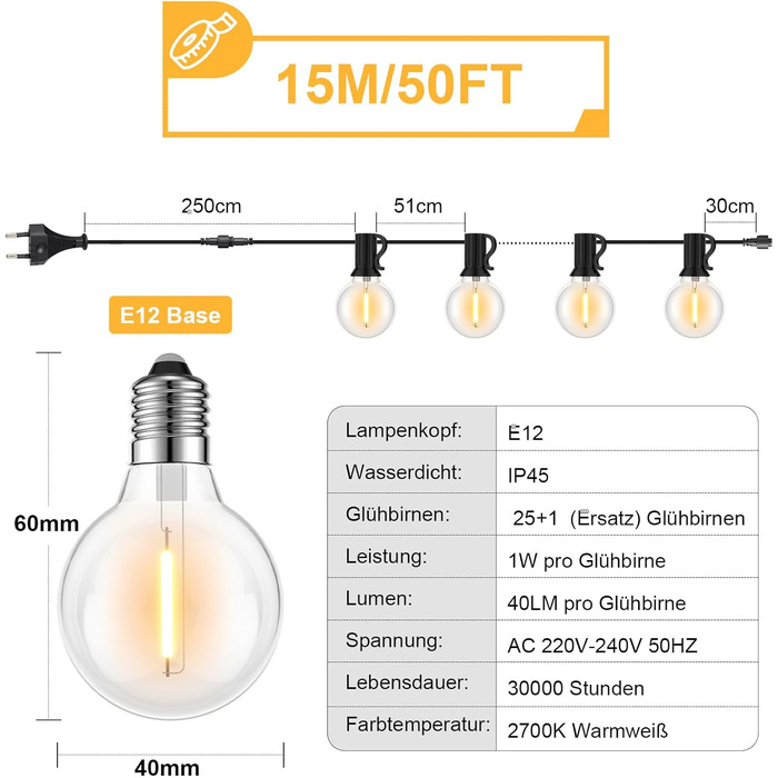 LED гірлянда для вулиці 45,7 м з пультом, 75 LED, тепле світло, IP45, для саду, балкону, тераси, кемпінгу та вечірок (220V)