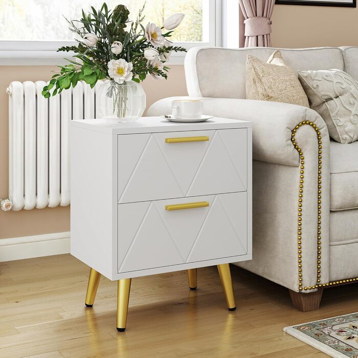 Приліжкові тумбочки YITAHOME (2 шт.) з 2 шухлядами, білі, з золотими ніжками, 40 x 30 x 52 см