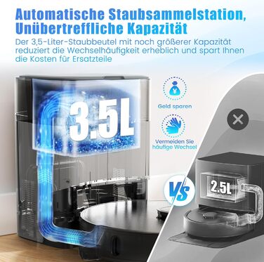 Робот-пилосос з функцією миття та станцією самоочищення, об'єм 3.5л, для килима та шерсті тварин, керування через додаток та Alexa, LiDAR навігація, час роботи 180хв (Чорний)