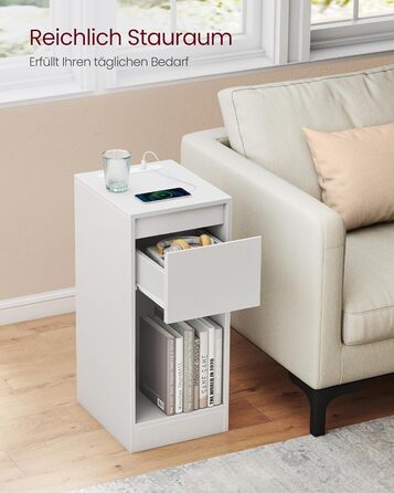 Приліжкова тумбочка VASAGLE з LED-підсвічуванням, USB-A та USB-C, з шухлядою та відкритим відсіком, для спальні/вітальні, білий колір LET610W01