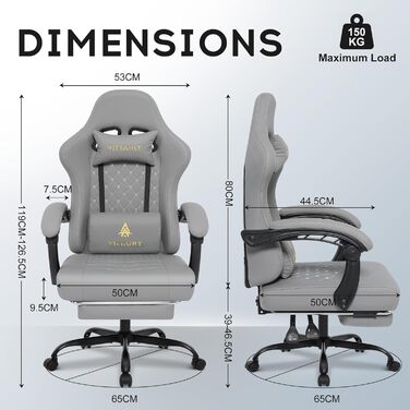 Ігровий крісло Vittanly з пружинними подушками, ергономічний геймерське крісло з підголовником, поперековою подушкою та підставкою для ніг, регульоване по висоті, поворотне ігрове крісло, офісне крісло, 150 кг, сірий