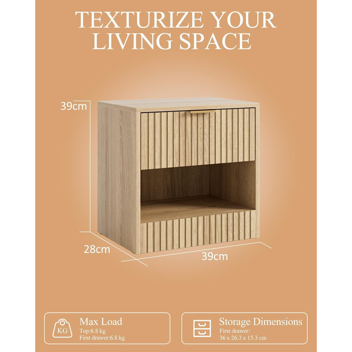 Нічний столик з дуба, дерев'яний приліжний столик з шухлядою, сучасний, компактний 39x39x28 см, для спальні, вітальні, офісу