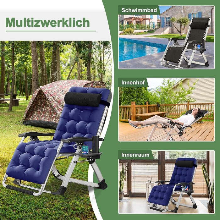 Скромний розкладний лежак на 200 кг з подушкою, сидіння та лежання, регульований для вітальні, балкона, пляжу або басейну (Блакитна плюшева тканина)