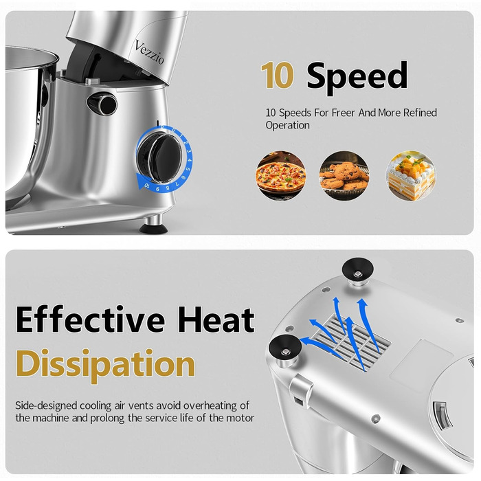 Кухонна машина Vezzio для випічки з планетарним міксером, 5.5л, 1500W, з набором насадок (крюк, вінчик, захист від бризок)