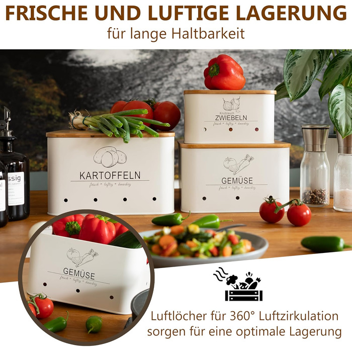 Коробки для зберігання картоплі MNKsolution (3 шт) з кришкою - для картоплі, овочів, цибулі, часнику - органайзер для кухні, контейнери для продуктів (білий)