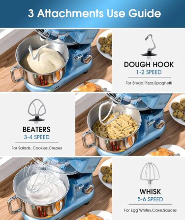 Кухонна машина Facelle 1500W з нержавіючою чашею 6.2L, 6 швидкостей, комплект насадок (блакитна)