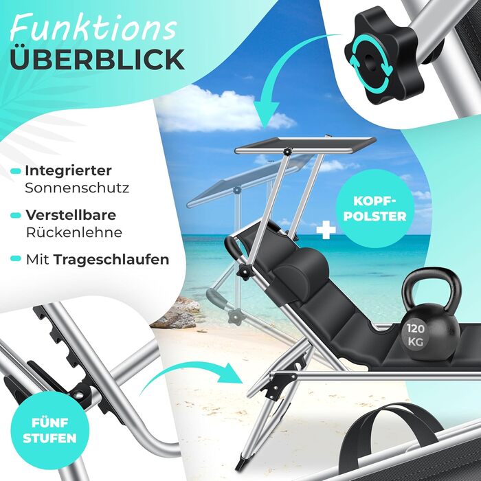 Розкішна шезлонг KESSER Sun з дахом для саду: регульована спинка, зручний матеріал, алюмінієвий каркас, портативна, чорний колір