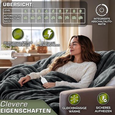 Електрична гріюча ковдра 200x180 см сірого кольору | з таймером та 9 рівнями нагріву | Плюшева ковдра, пральна до 40°C, цифровий дисплей