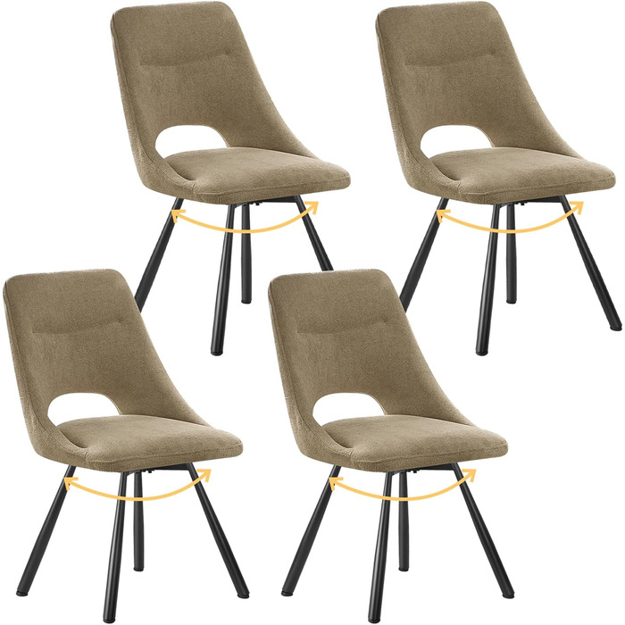 Обідні стільці поворотні 4 шт., 180° обертання, м'яка тканина кашмір-бавовна, чорні металеві ніжки, для кухні, вітальні, їдальні, хакі, 4 шт.