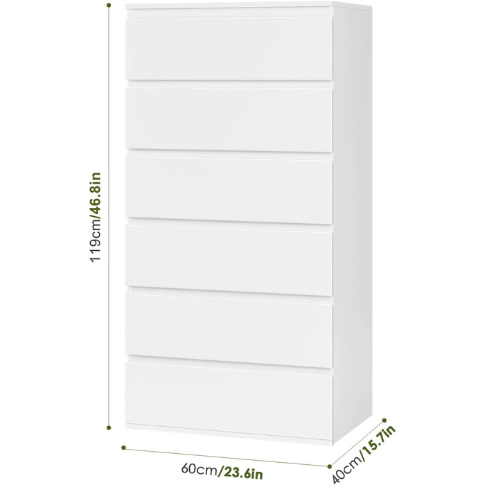 Комод білий, 6 ящиків, висота 119см, для спальні/передпокою/вітальні, 60x40x119см