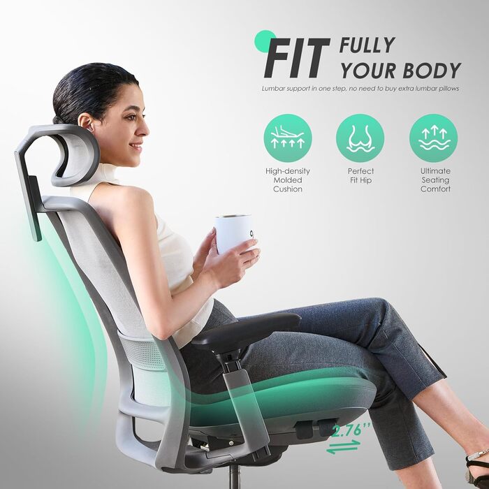 Офісне крісло Colamy з ергономічною підтримкою попереку та підголівником, регульована висота, 4D підлокітники, синхронний механізм, дихаюча сітка, висока спинка, для дому та офісу (чорно-сірий)