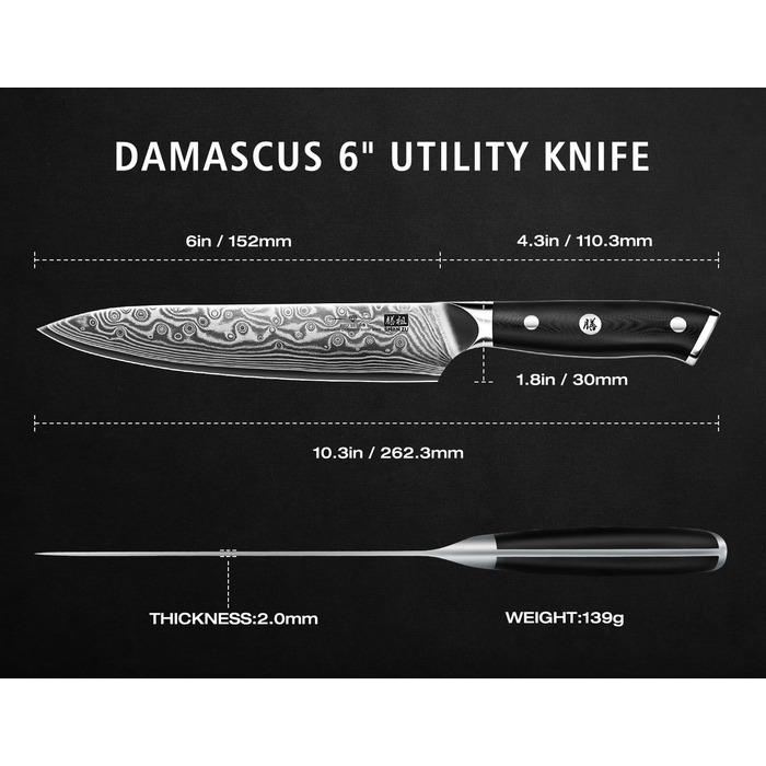 Японський ніж SHAN ZU 15 см з дамаської сталі, PRO Series - універсальний ніж для кухні з лезом з 67 шарів вуглецевої сталі та ручкою G10