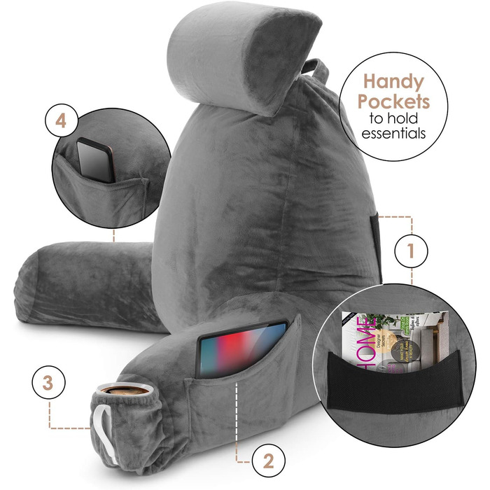 Подушка для читання Clara Clark, велика спинна подушка для сидіння в ліжку, з піною з пам'яті, подушка для сидіння в ліжку для дорослих, подушка для підтримки тіла для ліжка/стільця з підлокітниками та кишенями (Велика, Сіра)