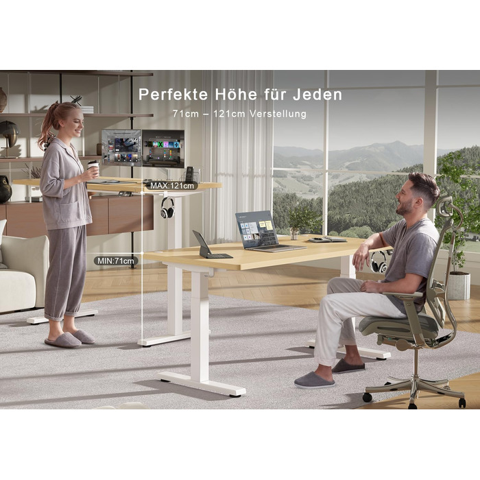 Електричний підйомний стіл Devoko 180x80 см, ергономічний комп'ютерний стіл для роботи сидя-стоячи з подвійним мотором, пам'яттю та USB-C (Дуб/Білий)