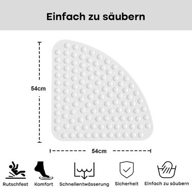 Нековзний килимок для душу на чверть кола з присосками, 54x54см, можна прати в пральній машині, білий