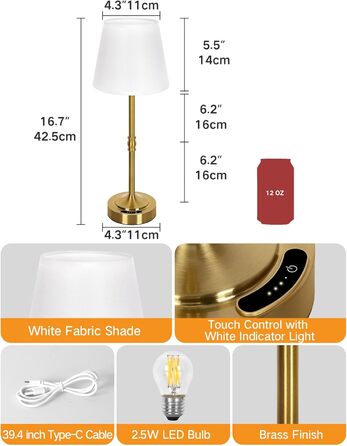 OUTON Настільна лампа бездротова, 2 шт. – диммування, 3 кольори світла, 4000mAh, USB-C, 60 год роботи, золота для спальні, вітальні, їдальні