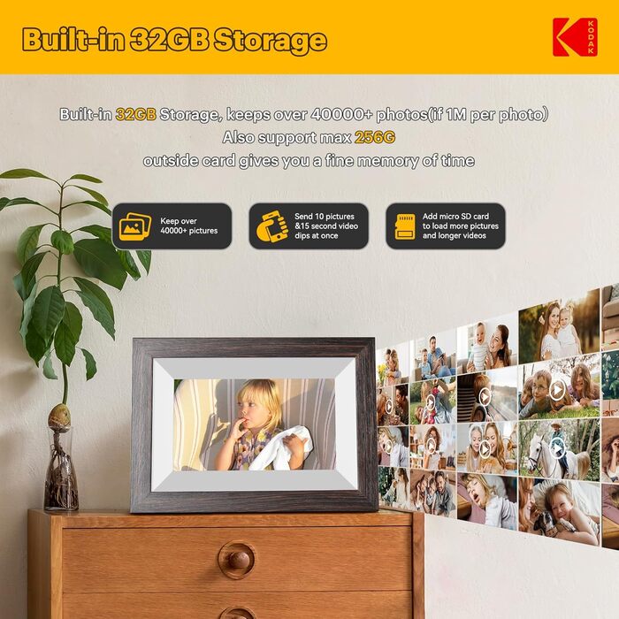 Цифровий фоторамка Kodak 10 дюймів з пультом дистанційного керування, без Wi-Fi, IPS-дисплей 1280x800, відтворення фото/відео/музики, підтримка годинника, USB/SD-картки (Темно-коричневий)