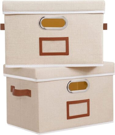 Ящик для зберігання OUTBROS з кришкою і ручкою, складаний ящик для зберігання з тканини кошика для зберігання з кишенею для етикеток, органайзер для іграшок, одягу, книг, 32 х 23 х 20 см 3 шт. (Бежевий, L (2 упаковки))