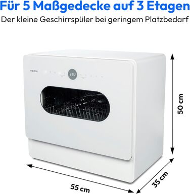 MINI посудомийна машина MEDION DWT51 (біла, зі скляними дверцятами, 5 комплектів посуду, таймер, без підключення до води)