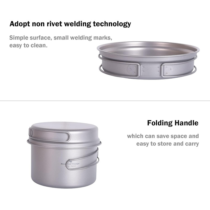 Набір кухонного посуду iBasingo Titan Topf Pfanne Set 1200мл & 500мл: каструля, сковорода, миска для кемпінгу, туризму, приготування їжі на природі. Легкий набір з 2 шт. з розкладним ручками. Ідеально для 1 особи. Ti2110C