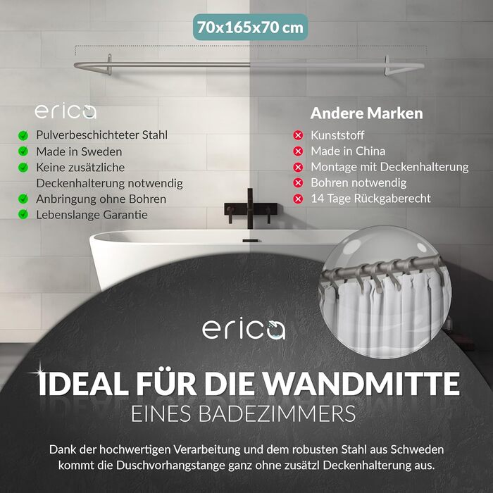 Штанга для душу Ericka L-подібної та U-подібної форми - 4-в-1 для ванни чи душу - сталева з порошковим покриттям (сірий глянцевий)