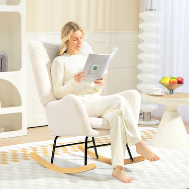 Крісло-гойдалка з м'якою оббивкою, товстим наповнювачем, подушкою для попереку, неслизьким покриттям, кремово-білого кольору