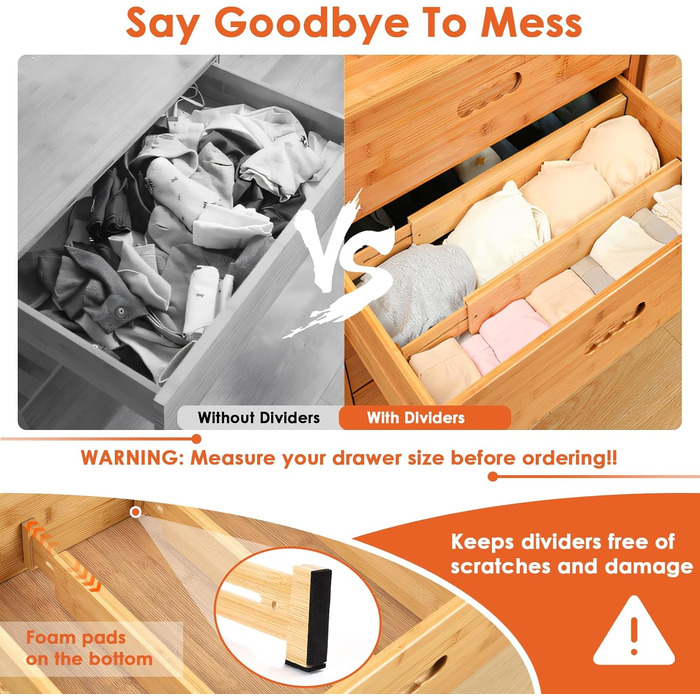 Органайзери для шухляд MUUKAIII: набір 6 шт. з бамбука, регульовані (43-56 см), для кухні та шафи - білий (натуральний)