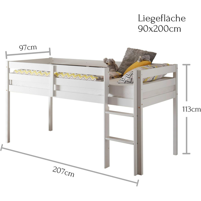 Ліжко-горище Stella Trading KENI зі сходами та лежачою поверхнею 90 х 200 см - Компактне дитяче двоярусне ліжко з масиву сосни, біле - 97 x 113 x 207 см (W/H/D) Ліжко Сосна біла