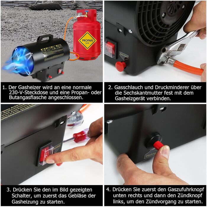 Газовий нагрівач для приміщень Ikodm 10kW 220V: газовий нагрівач, газовий обігрівач, газовий нагрівач-вентилятор, пропановий нагрівач, 320 м³/год, з газовим шлангом 1,2м та редуктором 700 мбар