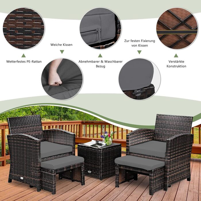 GIANTEX Набір садово-розслаблюючих меблів з ротангу для балкону/саду (2 крісла з пуфами), сірі подушки