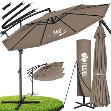 Садова парасолька Tillvex Alu 300 см, Cappuccino: підвісна парасолька-ампеля з кривопотом, стійкою та захистом від вітру, водонепроникна, UV-захист, алюмінієва