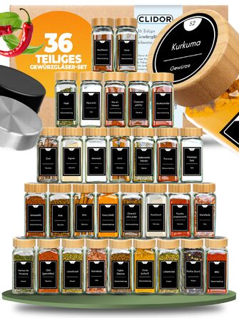 Набір бамбукових баночок для спецій, 36 шт (125 мл), з кришками та наліпками