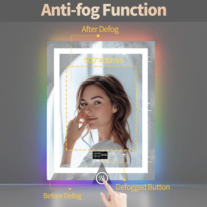 Дзеркало для ванної кімнати LED LUVODI 40x50 см з підсвічуванням, сенсорним вимикачем, 3 кольорами, протитуманне, RGB, Bluetooth, 90x70 см