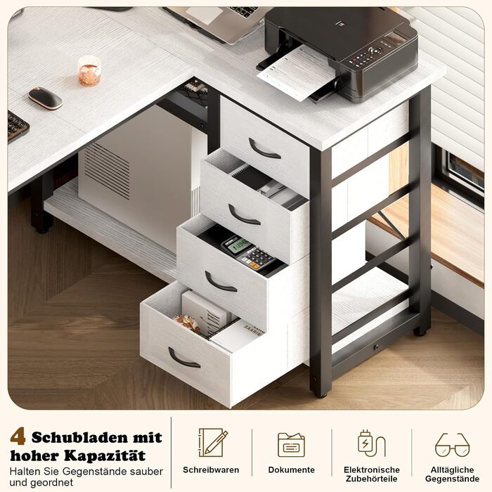 Комп'ютерний стіл L-подібний Devoko з 4 ящиками з тканини, 2 розетками та 2 USB-портами, для дому та офісу, ігор, білий, 140x80 см