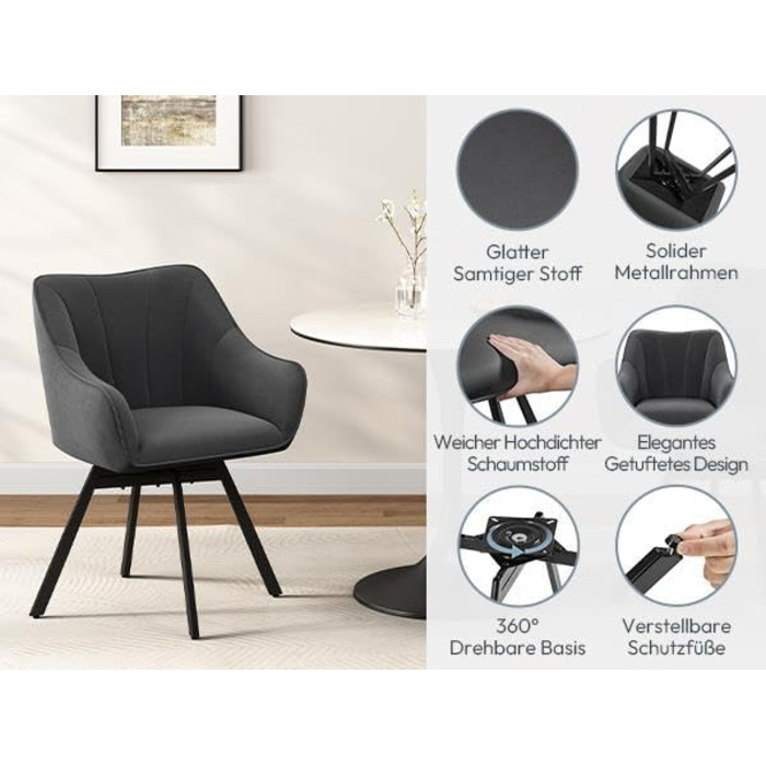 Крісло Yaheetech для кухні/їдальні/вітальні, обертається на 360°, з підлокітниками та металевими ніжками, темно-сірий (2 шт.)