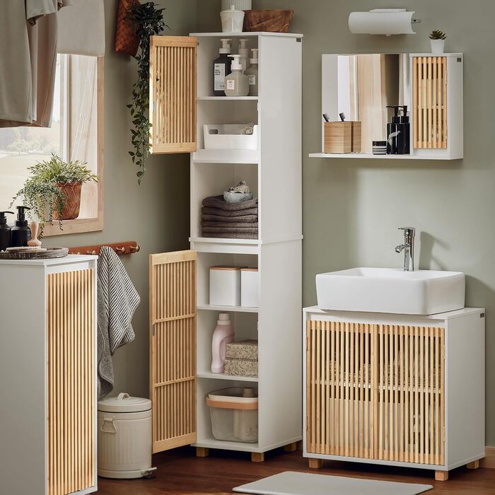 Тумбочка для ванної кімнати SoBuy, вузька, стійка до вологи, з бамбуковими дверцятами, 30 см, 33x165x33 см, BZR127-W