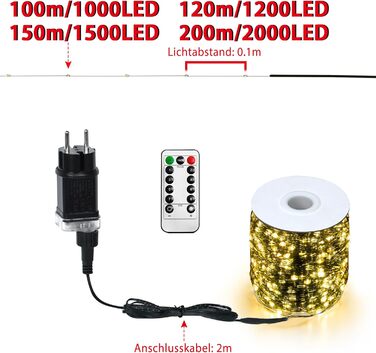 Льохтерна LED 100м з мідного дроту, 1000 LED, 8 режимів, IP44 (водостійка), з пульт та таймером, для прикраси на Різдво, в приміщенні та на вулиці, DIY, тепле біле світло